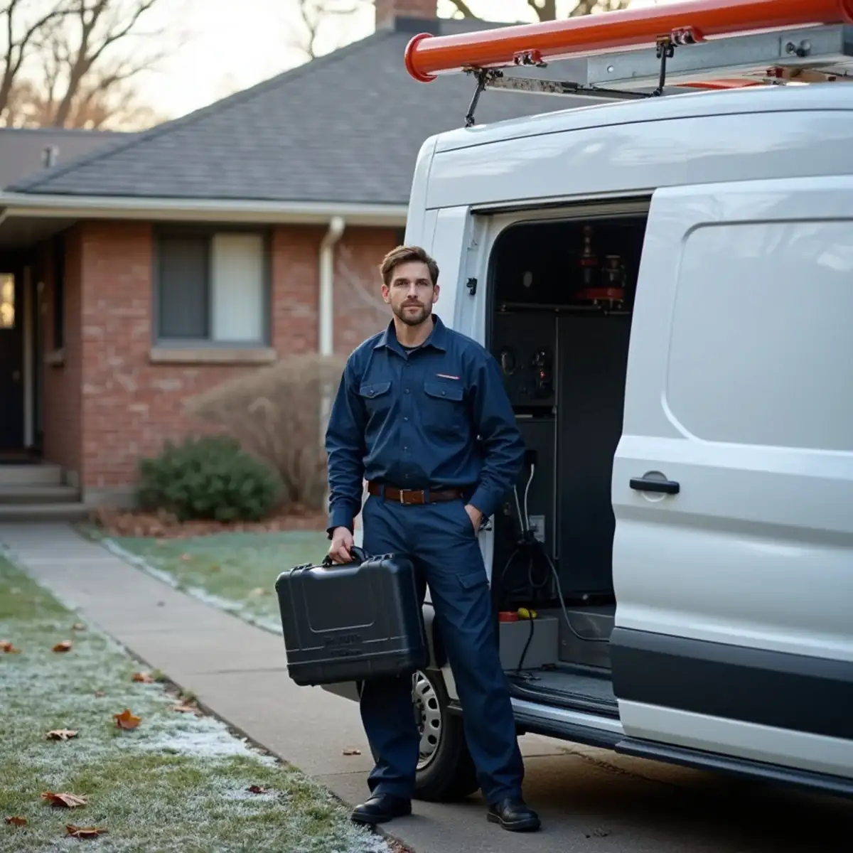 Furnace technician loading tools into a service van outside a Pittsburgh-area brick ranch home