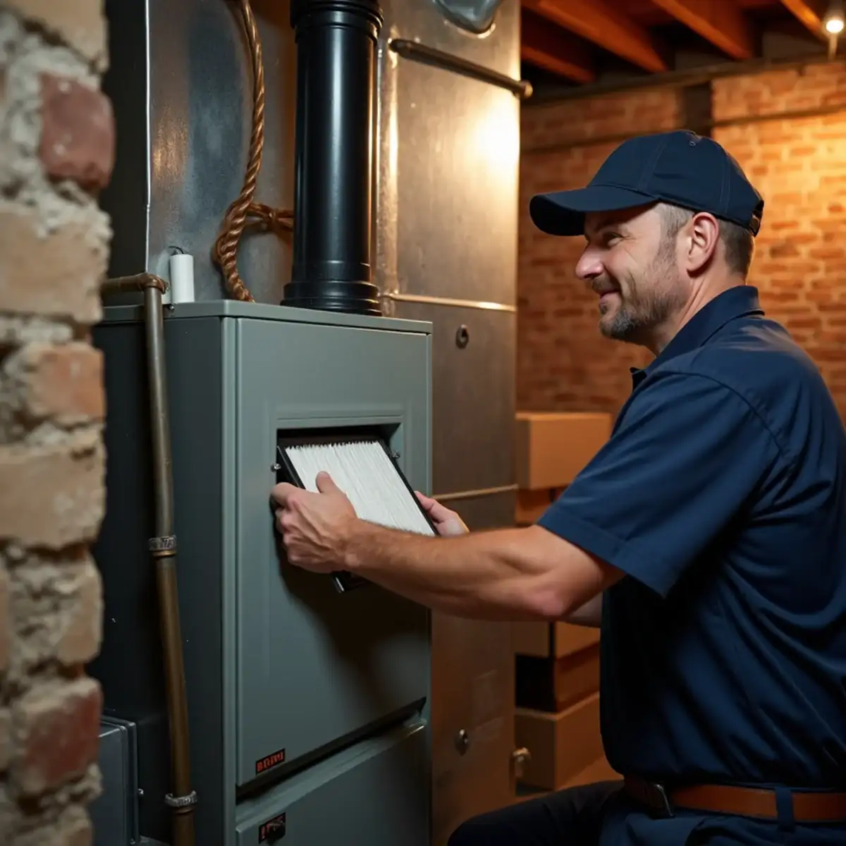 Homeowner sliding a new filter into a gas furnace in a Pittsburgh basement in early fall