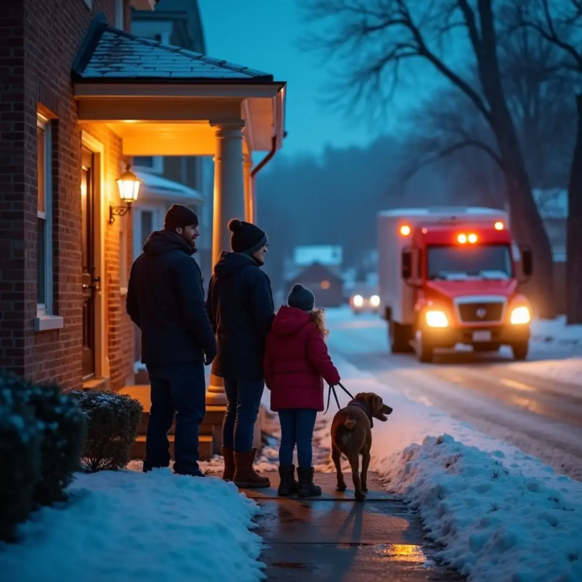 Family waiting outside their Pittsburgh home at night after a carbon monoxide alarm while calling for help