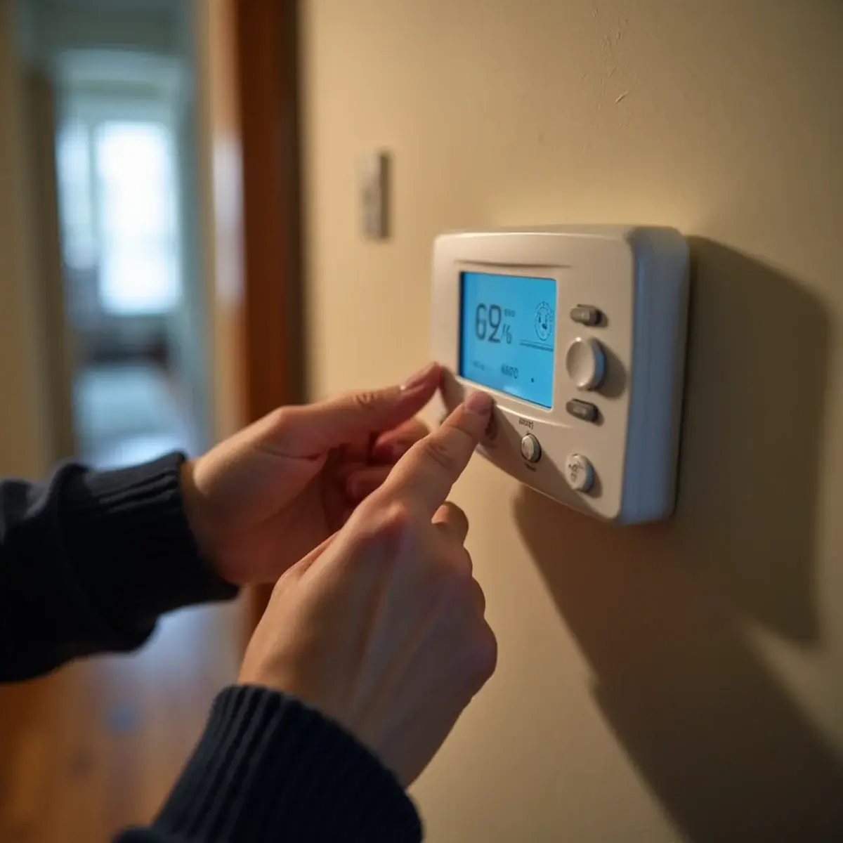 Homeowner checking a thermostat set to Heat in a Pittsburgh home