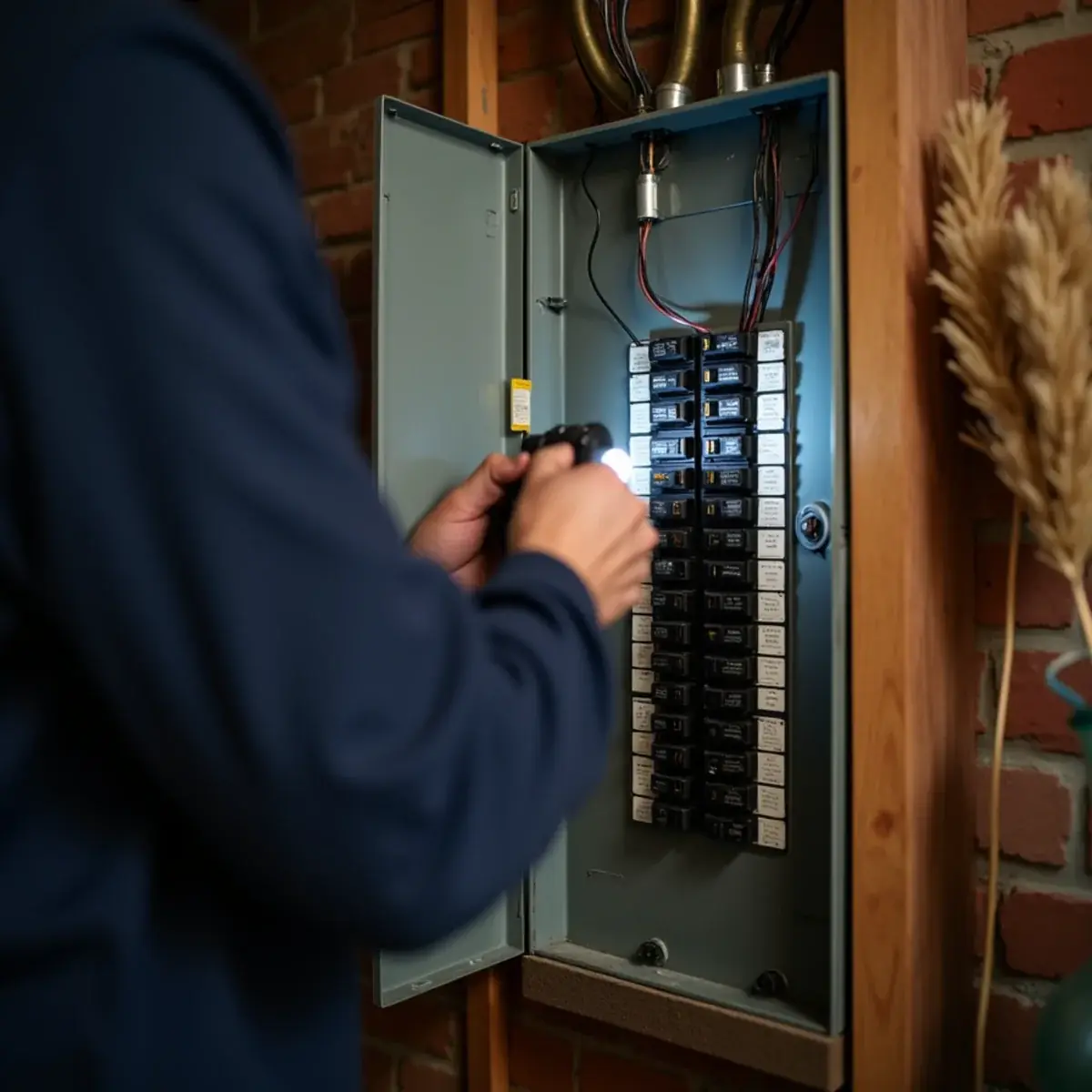 Homeowner checking the furnace circuit breaker in a Pittsburgh basement electrical panel