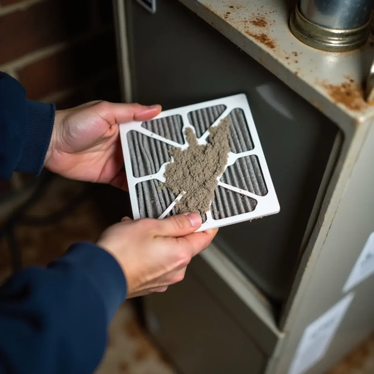 Clogged gray furnace air filter held next to a new filter