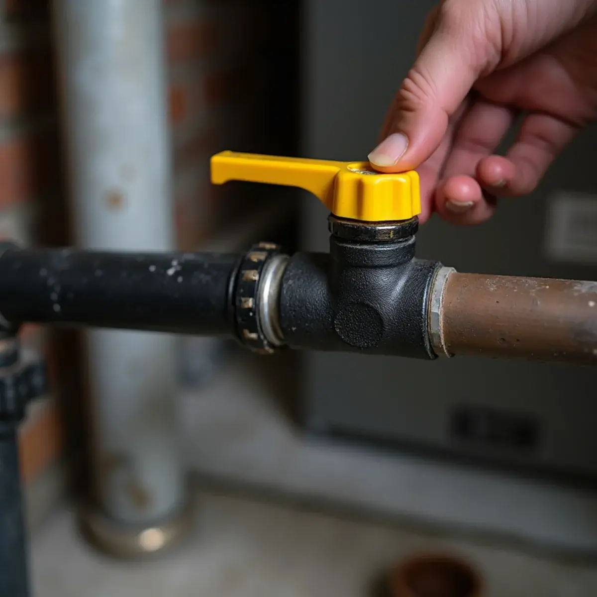 Yellow-handled gas shutoff valve on the pipe feeding a residential furnace