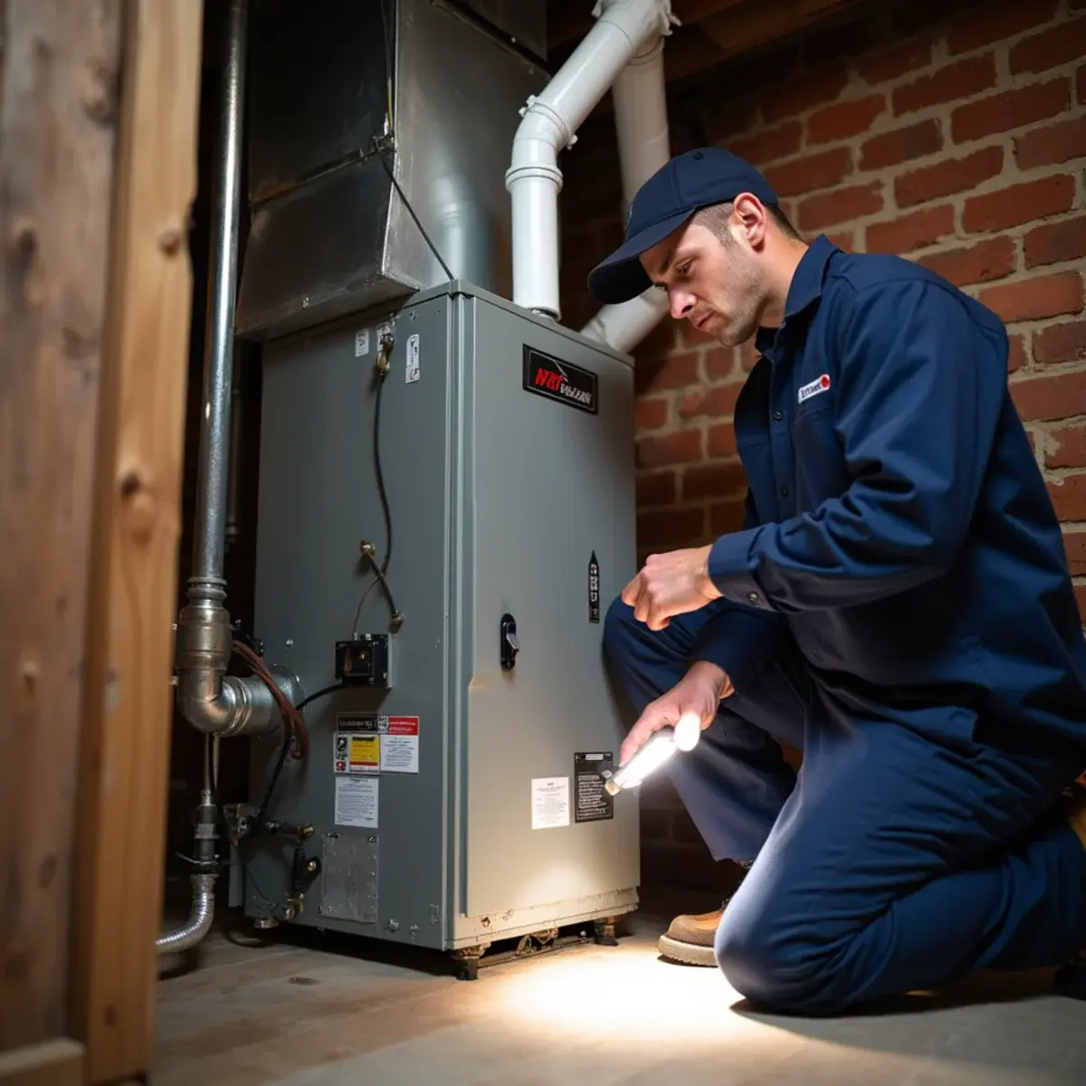 PVC furnace vent pipes and condensate drain on a high-efficiency furnace in a Pittsburgh basement