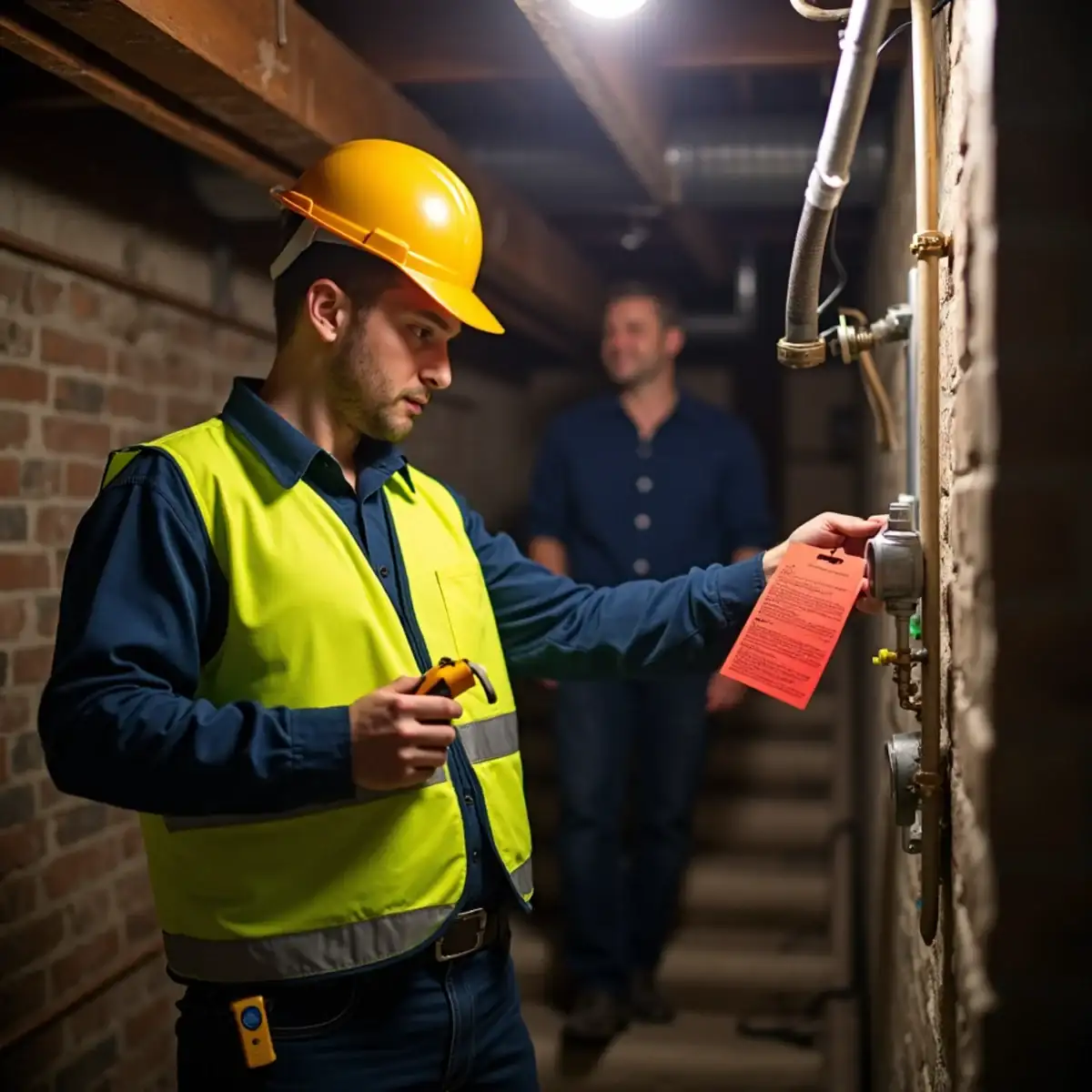 Gas utility worker attaching a red warning tag to a furnace gas valve while a Pittsburgh homeowner watches