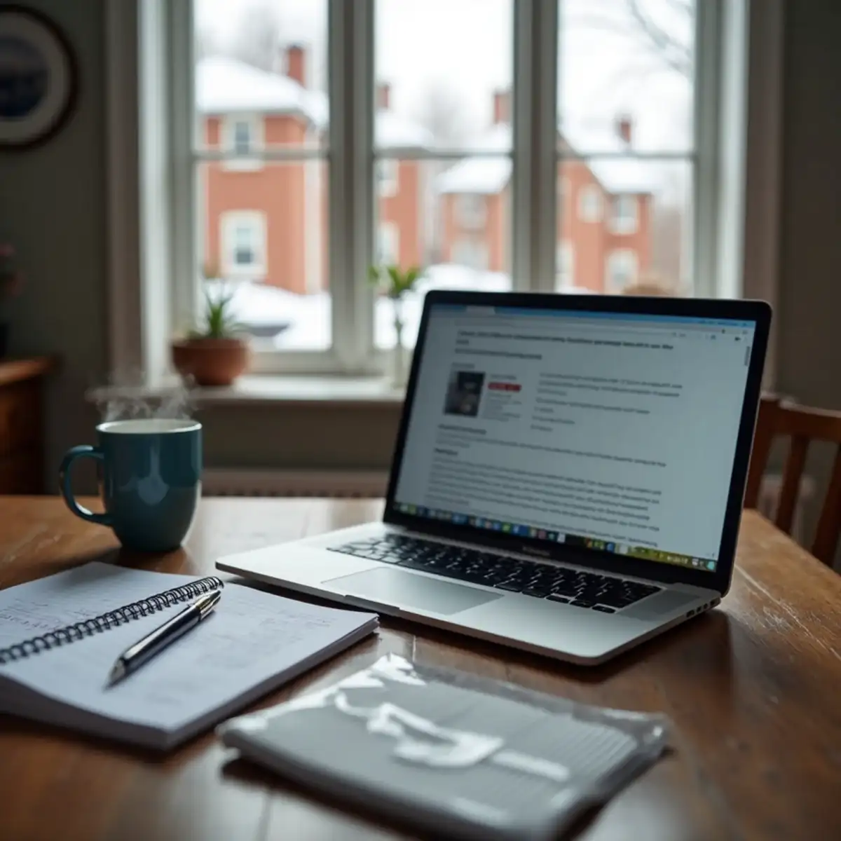 Furnace maintenance notes and a laptop on a kitchen table in a Pittsburgh home in winter
