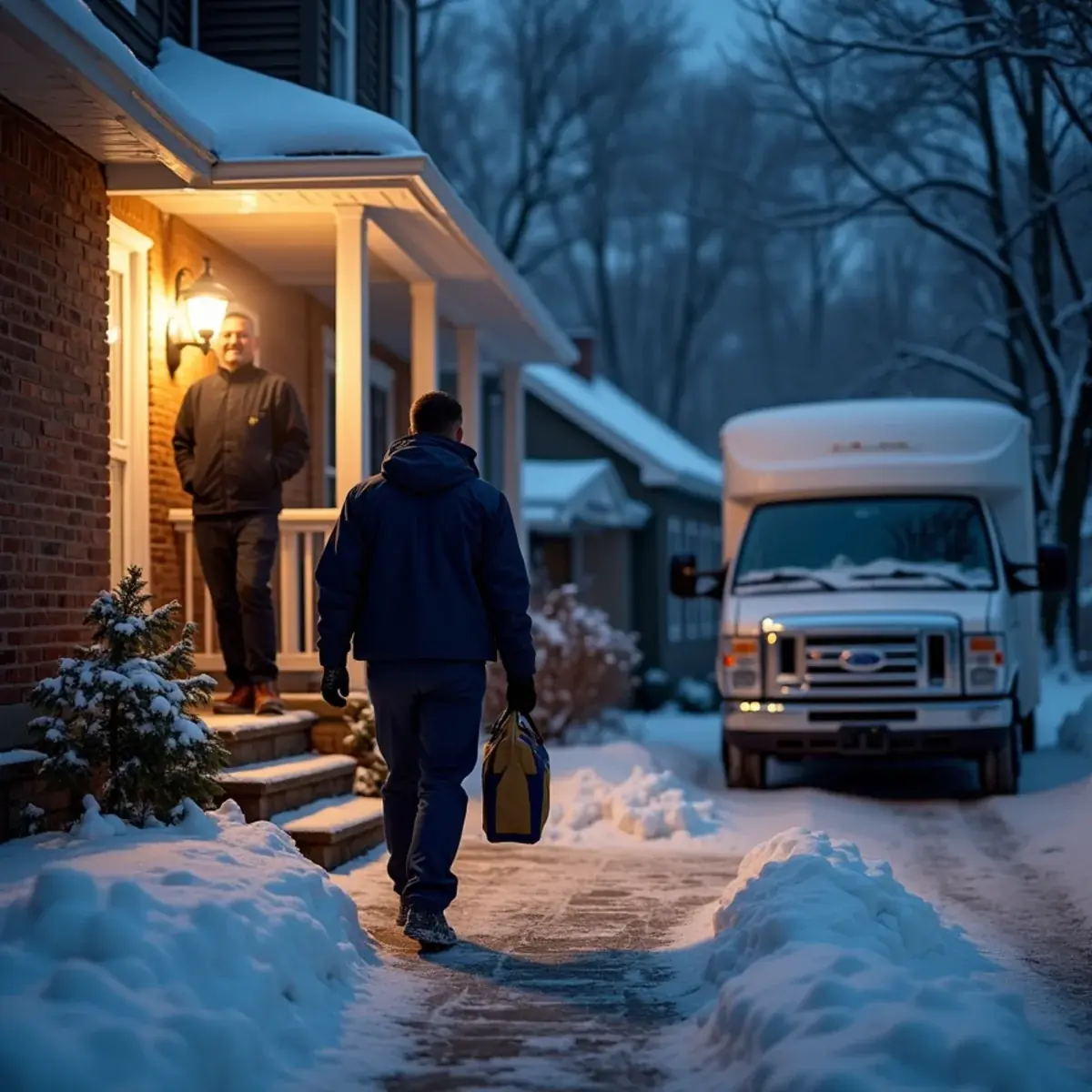 HVAC technician arriving at night for an emergency no-heat furnace call at a snowy Pittsburgh home