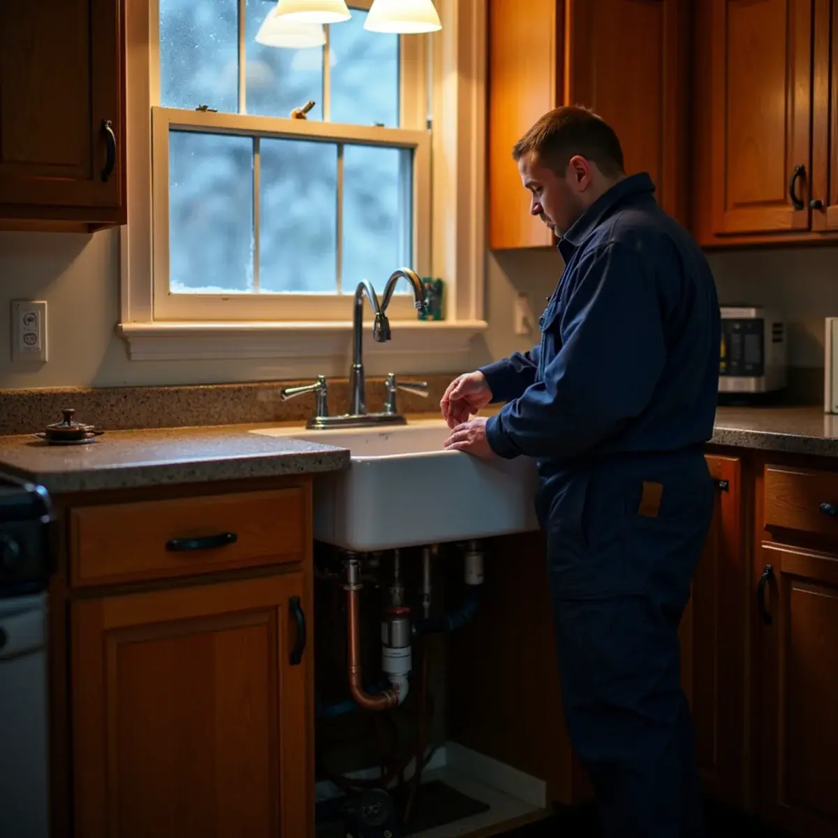 Open kitchen sink cabinet on an exterior wall to keep pipes from freezing in a Pittsburgh home