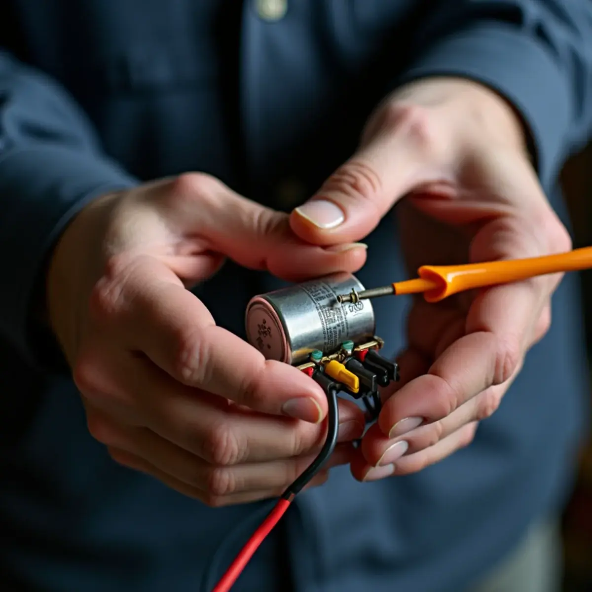 Technician testing a furnace blower run capacitor with a meter in a Pittsburgh home