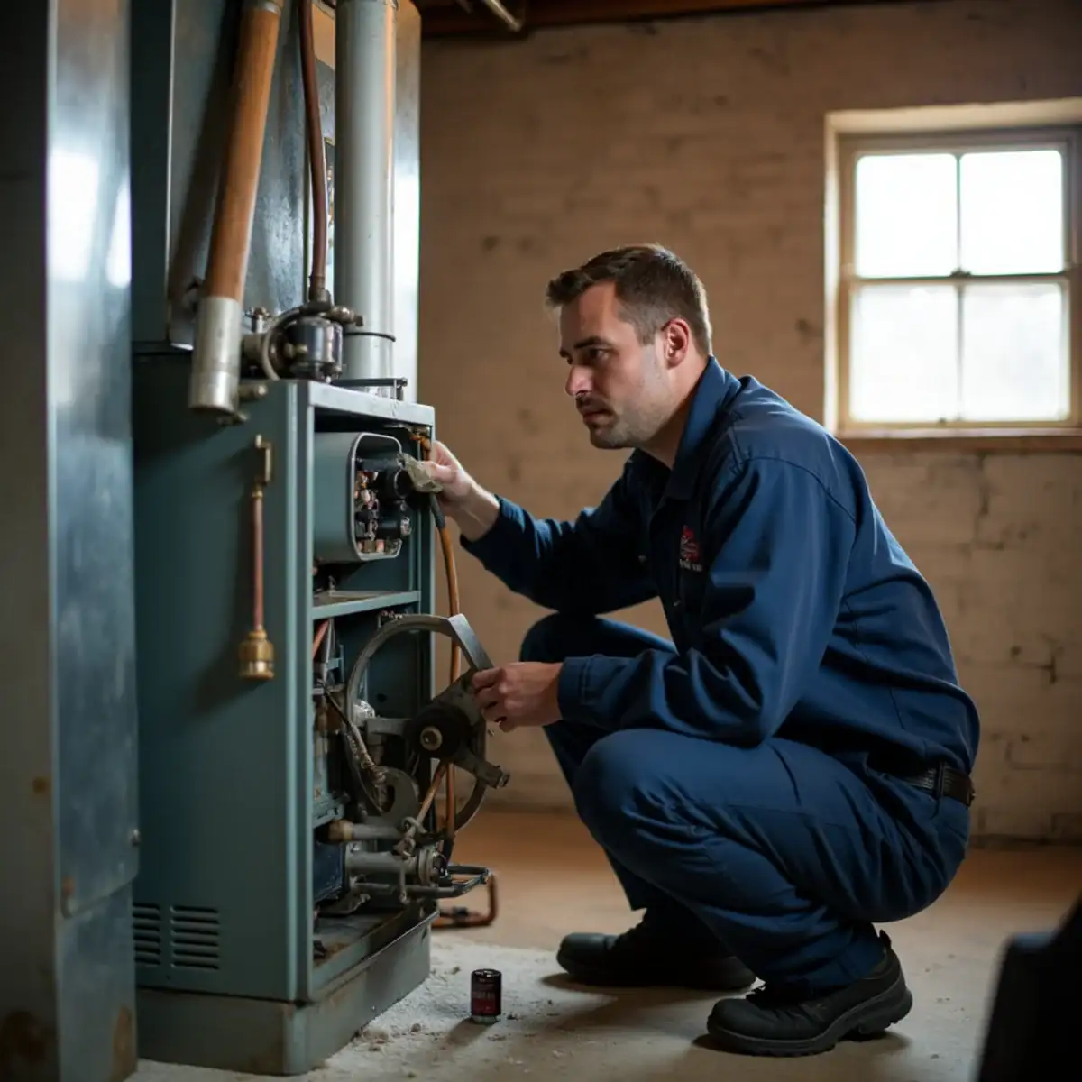 Technician removing a furnace blower assembly in a Pittsburgh basement for motor repair