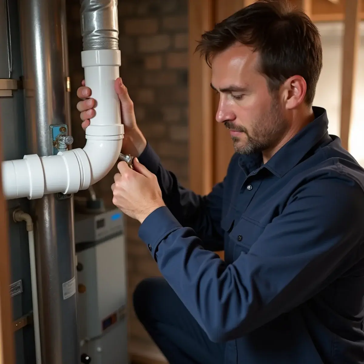 Technician gluing PVC exhaust pipe for a new high-efficiency furnace in a Pittsburgh basement