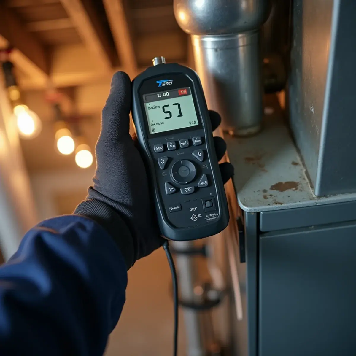 Combustion analyzer probe in a furnace flue pipe during a carbon monoxide test in a Pittsburgh home