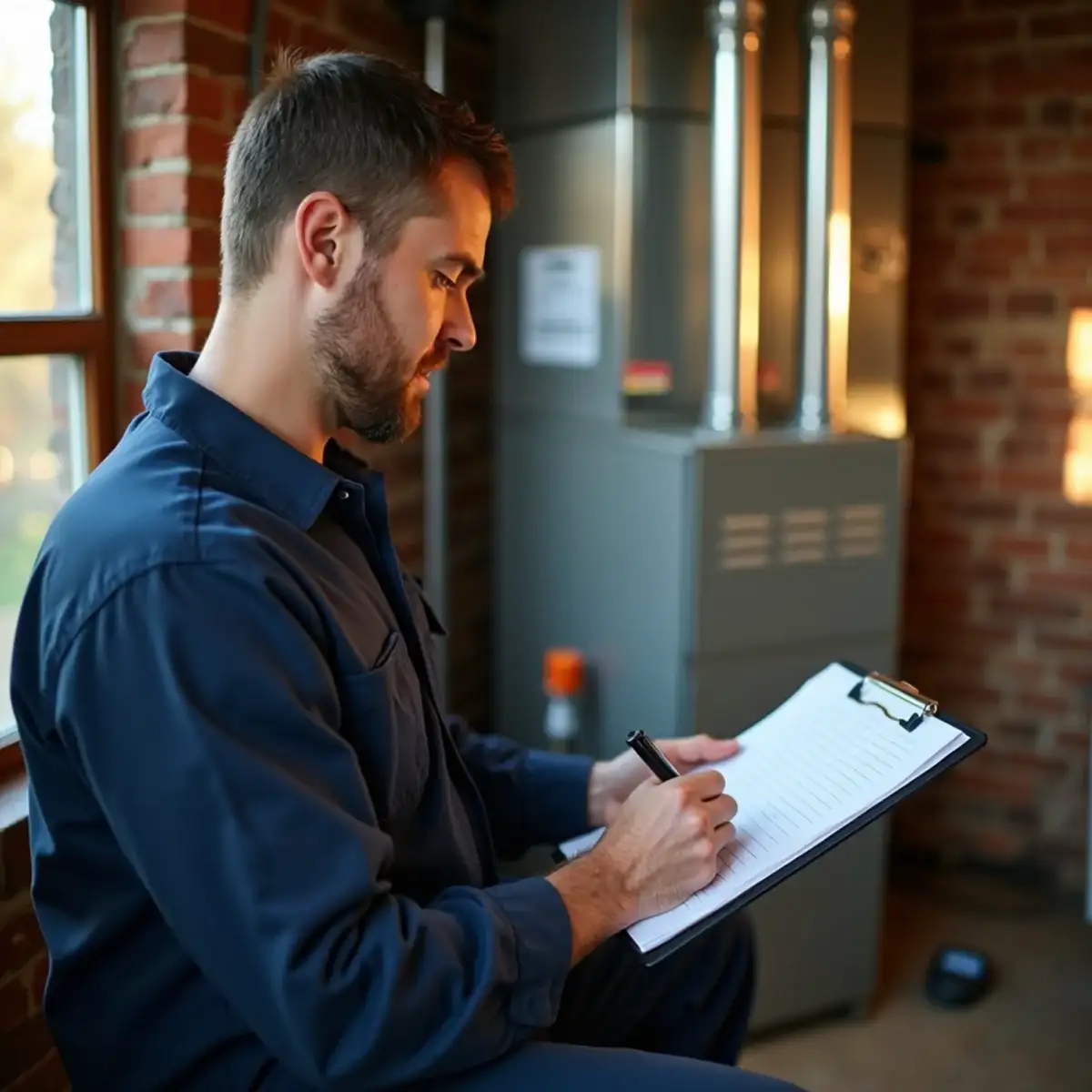 Technician working through a fall furnace tune-up checklist in a Pittsburgh basement