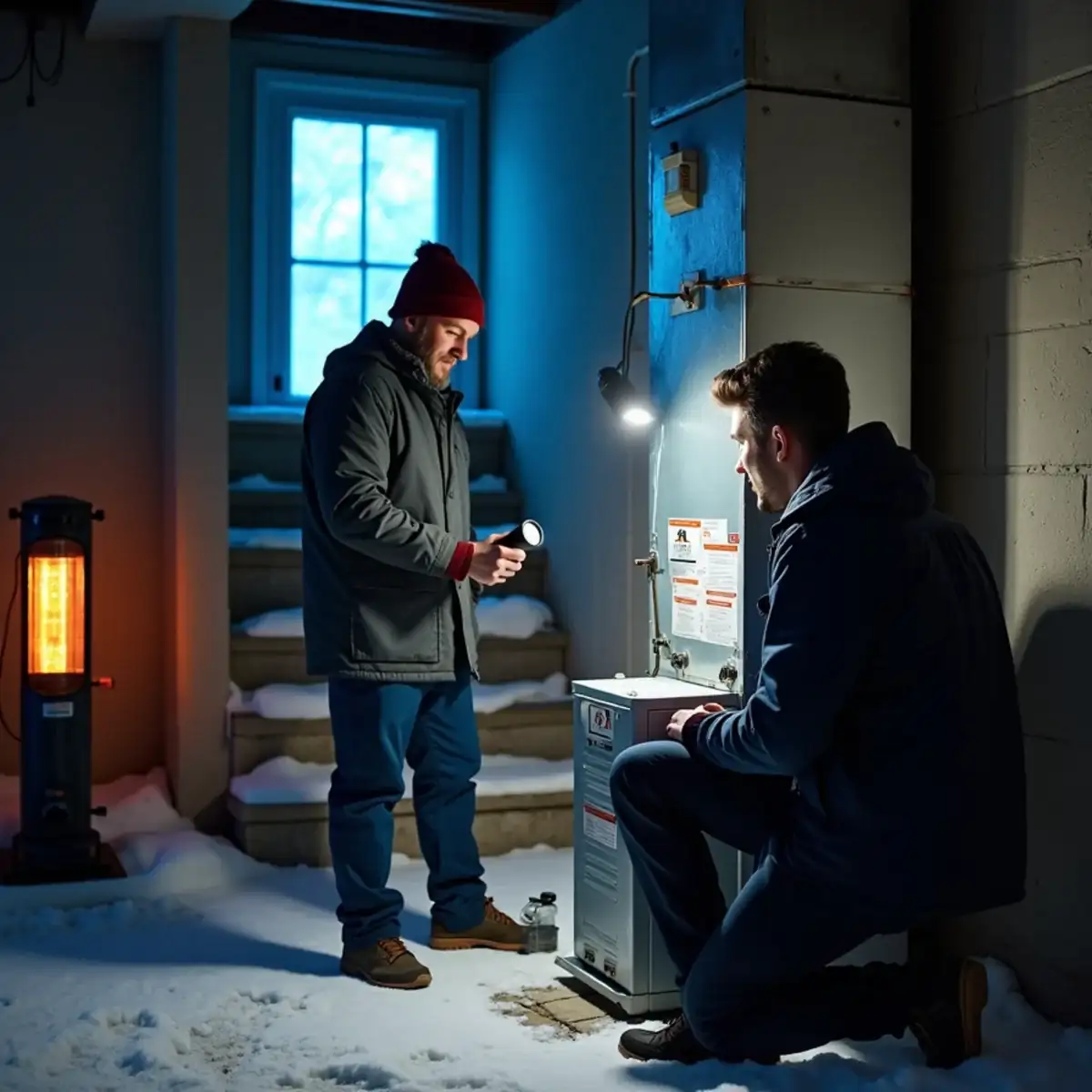 Homeowner in a winter coat holding a flashlight as a technician repairs a gas furnace with no heat in a Pittsburgh basement