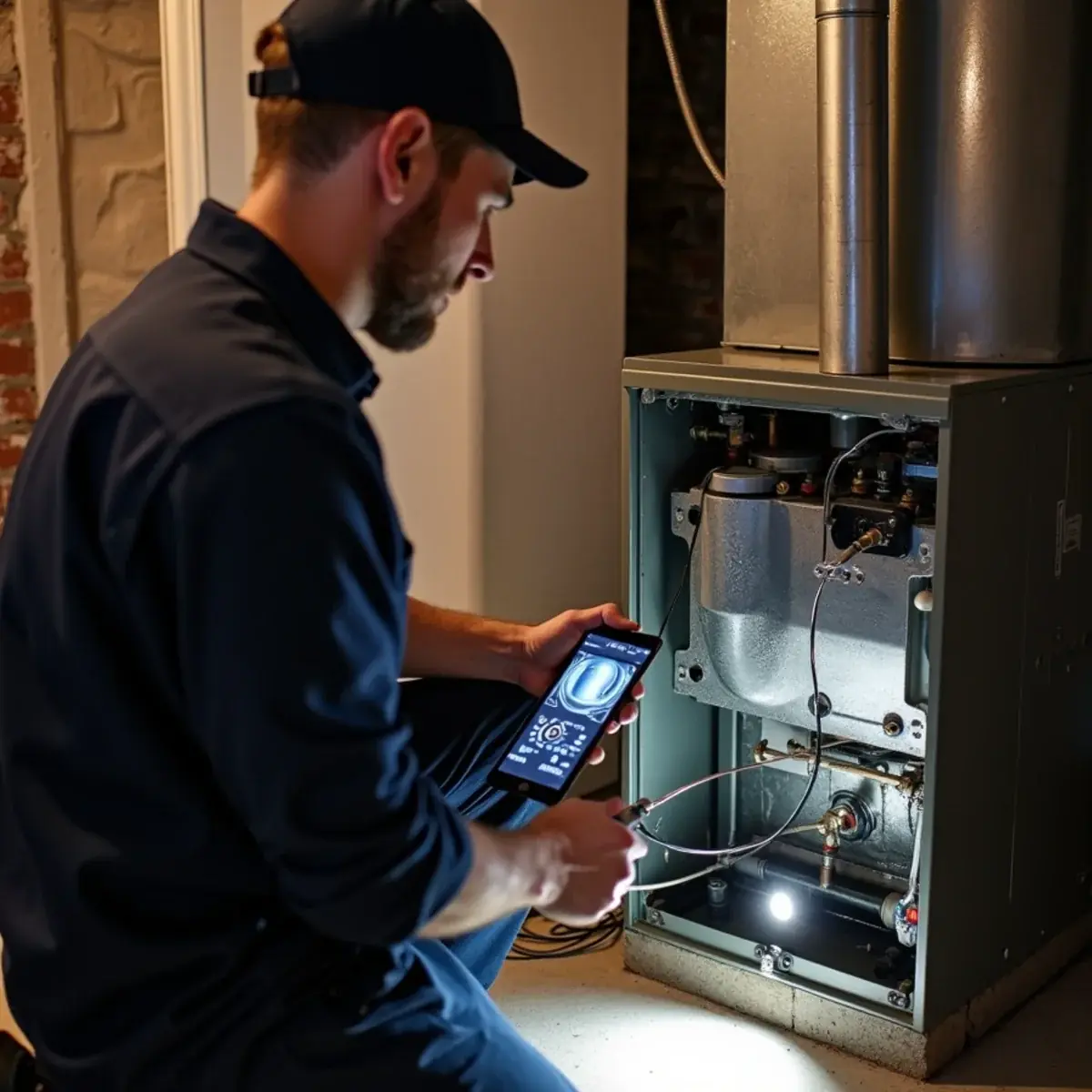 Technician feeding an inspection camera into a gas furnace heat exchanger in a Pittsburgh home
