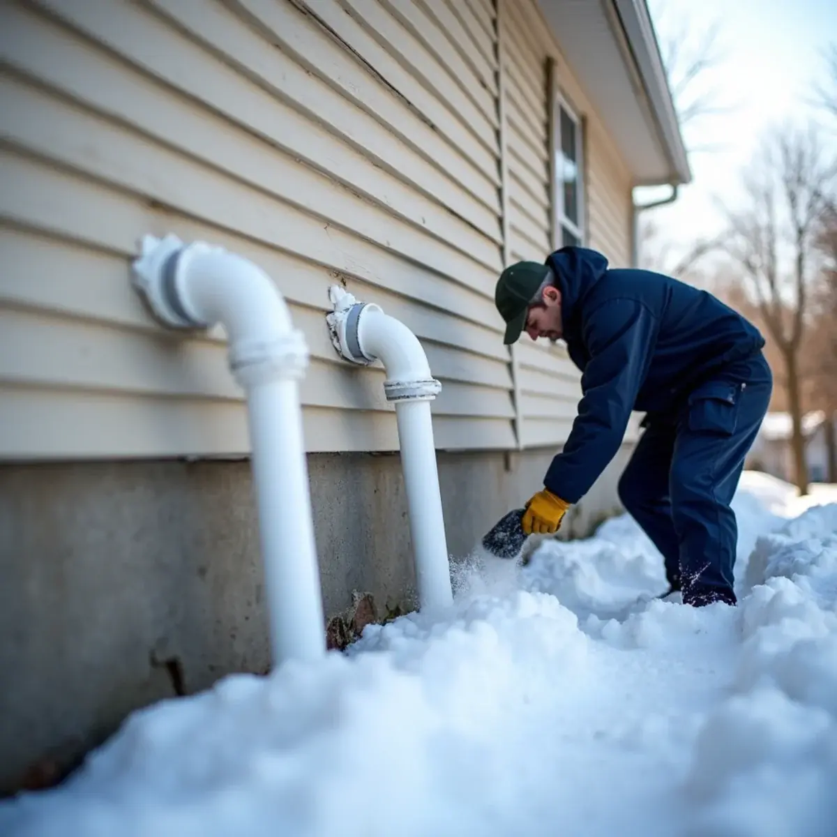 White PVC furnace vents on the side of a 1980s colonial home in McCandless, PA after a snowfall