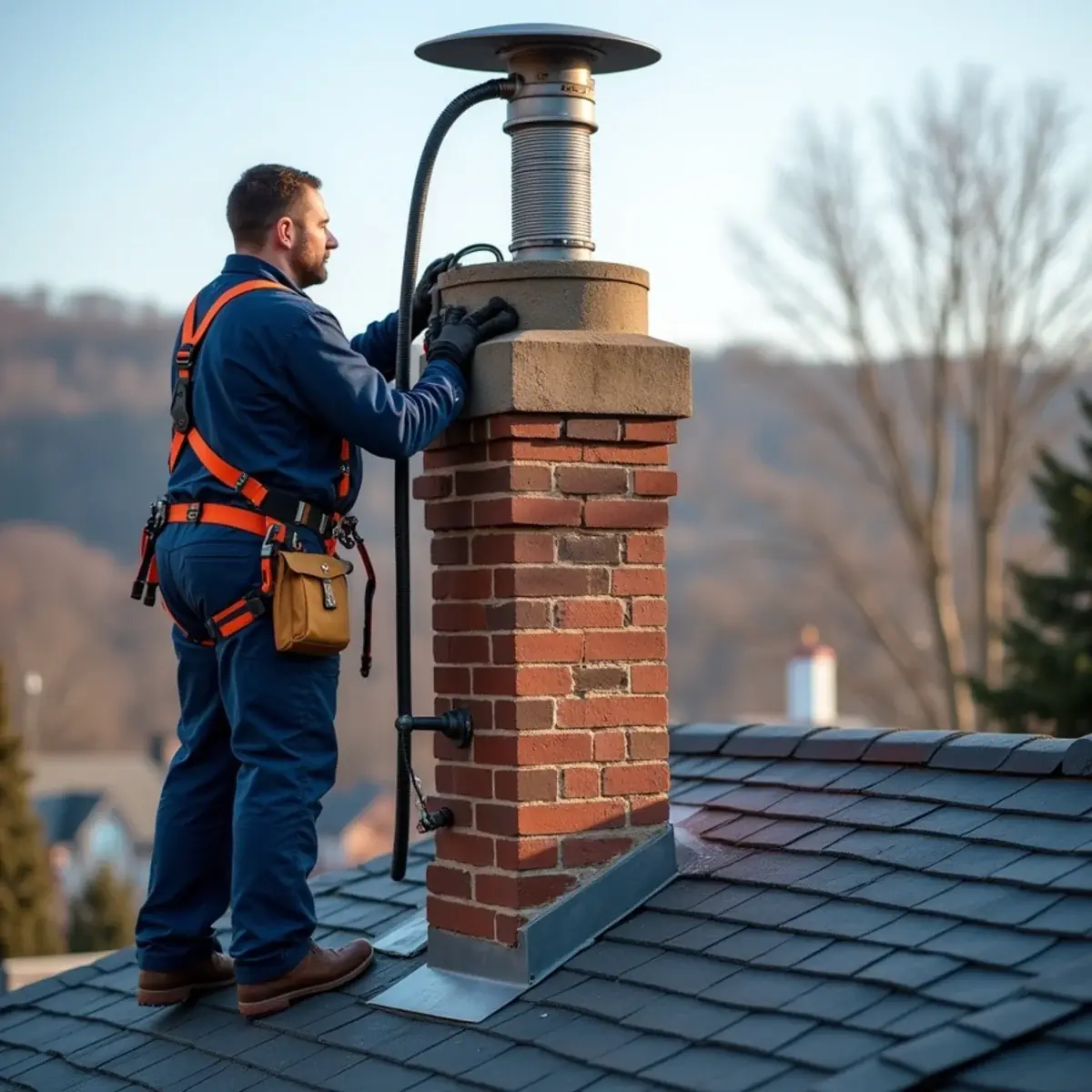 Technician feeding a stainless steel chimney liner into the brick chimney of a Mt. Lebanon, PA home
