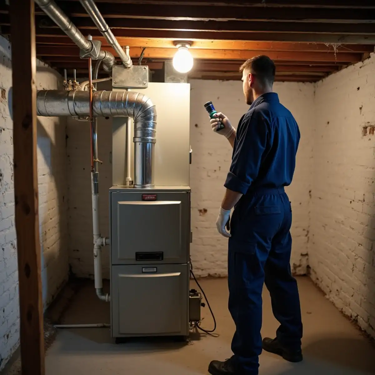 Gas furnace connected to an old brick chimney in the basement of a 1920s Mt. Lebanon, PA home