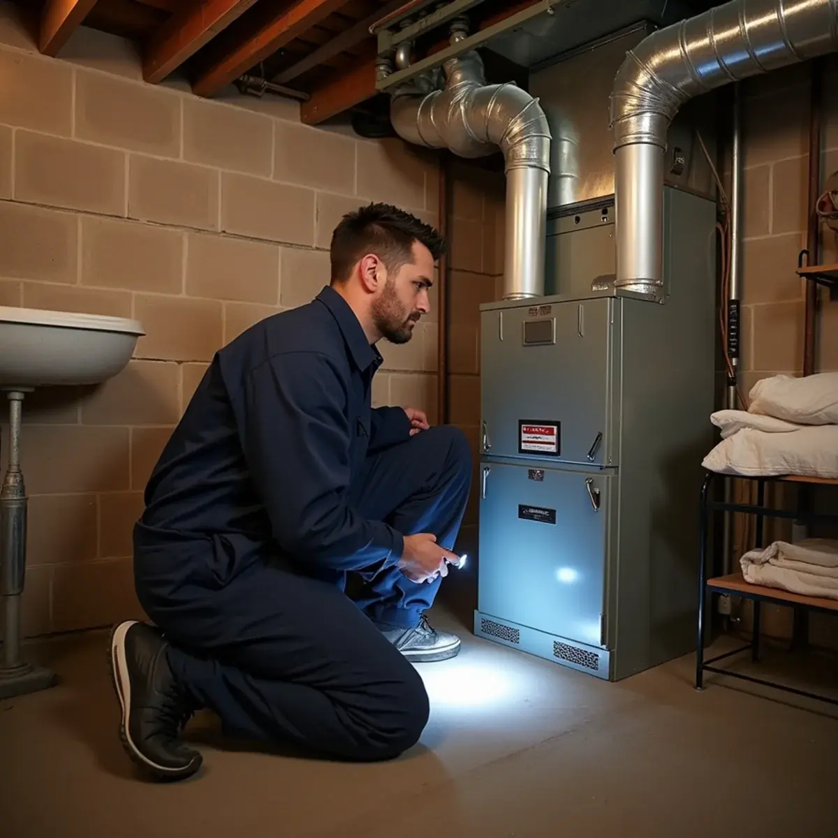 Gas furnace on original 1950s ductwork in the basement of a Penn Hills, PA ranch home