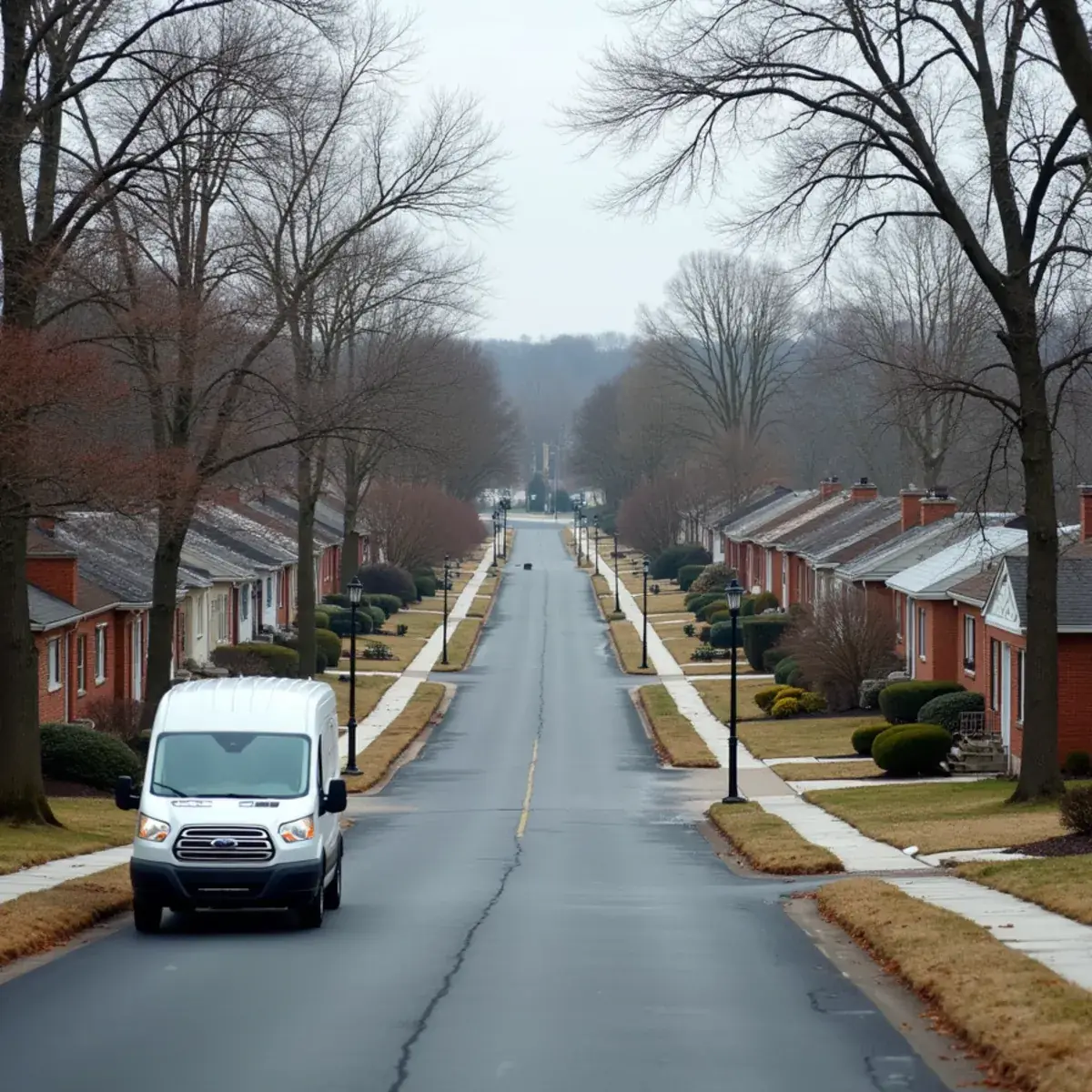 Street of 1950s and 1960s ranch and split-level homes in Penn Hills, PA in early winter