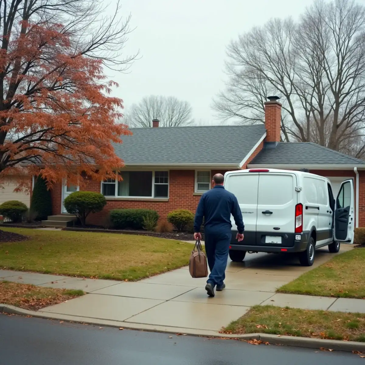 1950s brick ranch house in Penn Hills, PA with a furnace technician's van parked in the driveway