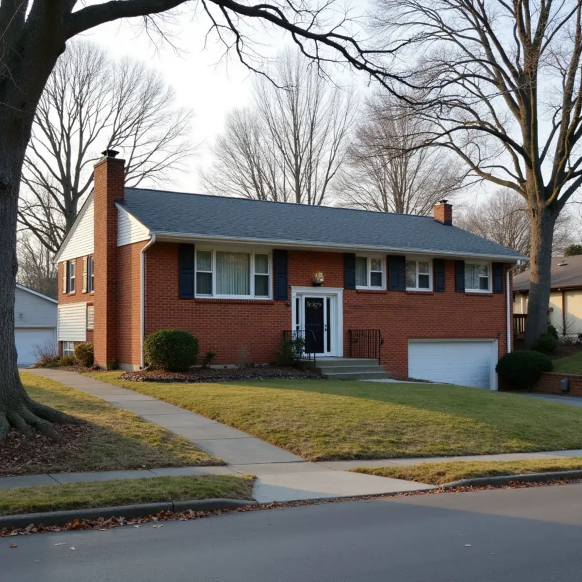 1960s split-level home with an attached garage in Ross Township, PA in late autumn