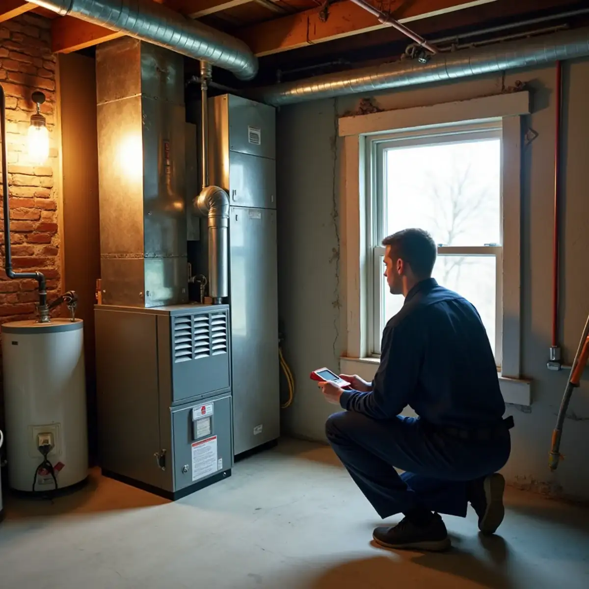 HVAC technician checking a gas furnace in the basement of a 1960s split-level in Ross Township, PA