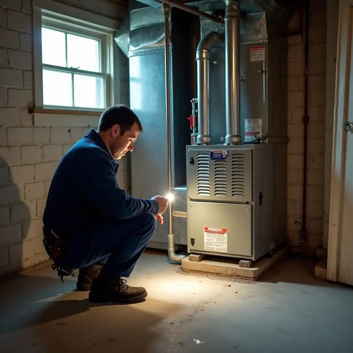 Technician inspecting a gas furnace raised on blocks in a damp basement of a 1950s home in Shaler Township, PA