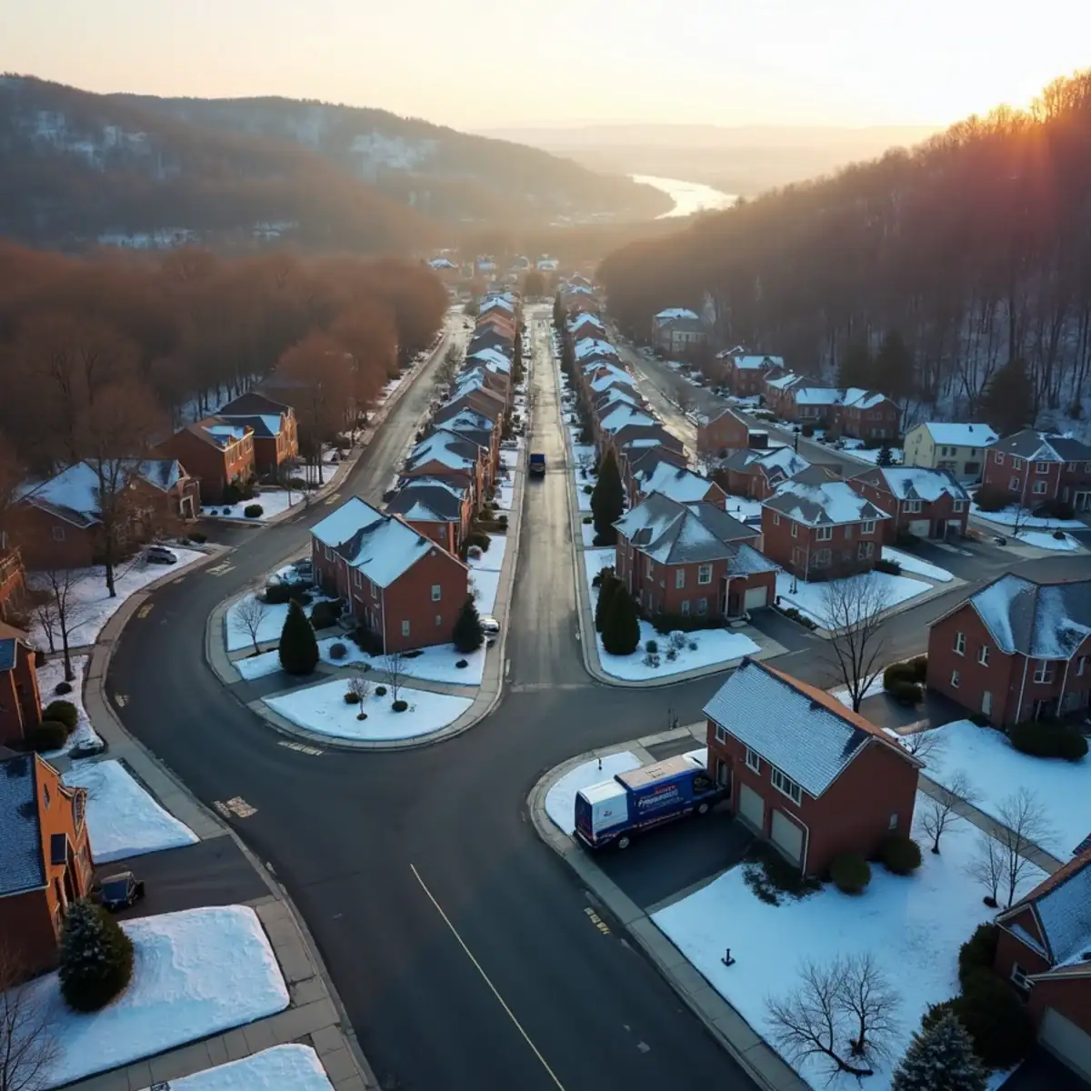 Aerial view of Pittsburgh suburbs with post-war homes and winding hillside roads