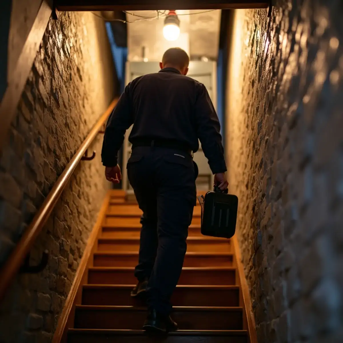 HVAC technician carrying tools down the basement stairs to a gas furnace in a Pittsburgh home
